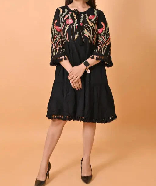 EMBROIDERY RAYON DRESS (BLACK)