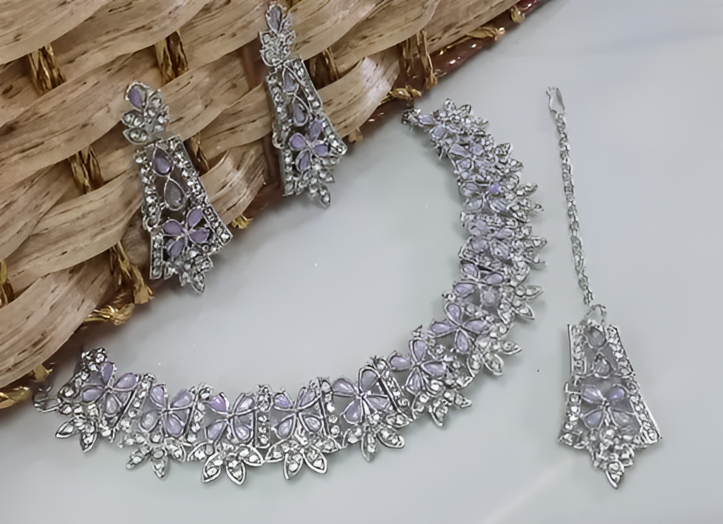 Rhodium Plated Necklace Set With Light Purple Color Kundan