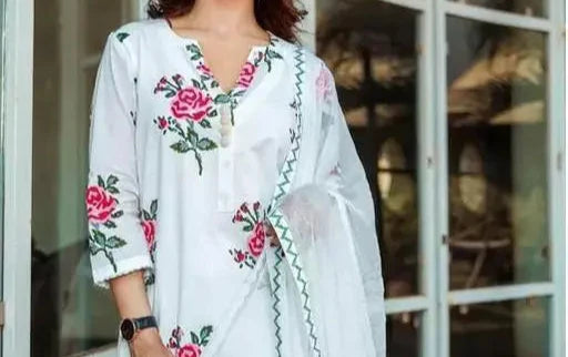 Women Printed Cotton Blend Straight Kurta Pant Set with Dupatta ( White )