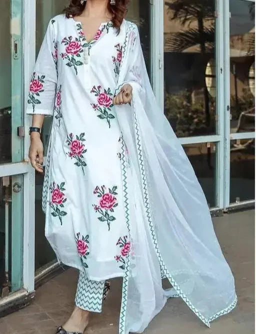 Women Printed Cotton Blend Straight Kurta Pant Set with Dupatta ( White )