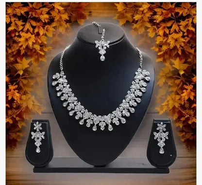 Silver Plated Necklace Set With White American Diamond