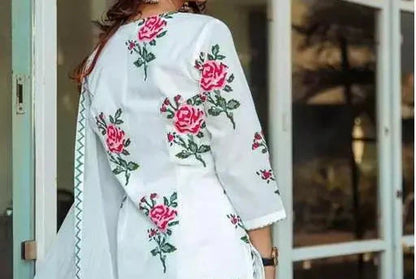 Women Printed Cotton Blend Straight Kurta Pant Set with Dupatta ( White )